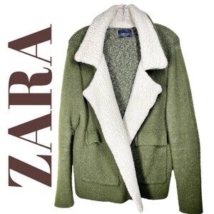 ZARA SHERPA KNIT SWEATER CARDIGAN JACKET OLIVE‎ GREEN RELAXED OVERSIZED, MEDIUM